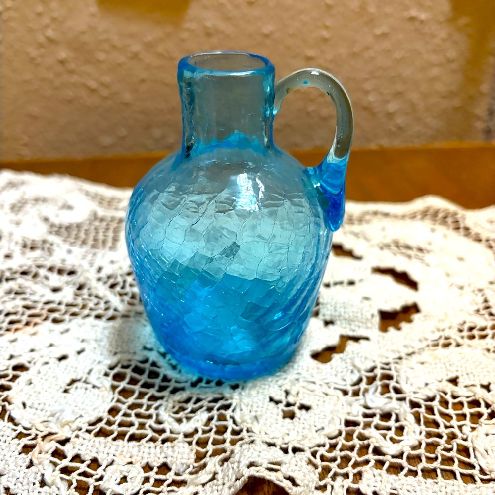 Vintage Small Blue Crackle Glass Jug